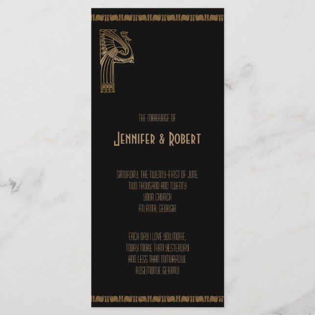 Black and Gold Art Deco Peacock Wedding Program Programme (Front)