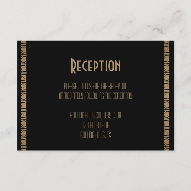 Black and Gold Art Deco Peacock Wedding Reception Enclosure Card (Front)