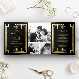 Black and Gold Art Deco Photo Collage Wedding Tri-Fold Invitation
