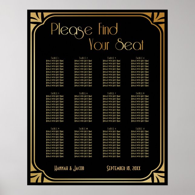 Black and Gold Art Deco Reception Seating Chart (Front)