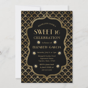 Black and Gold Art Deco Vintage Frame Sweet 16 Invitation