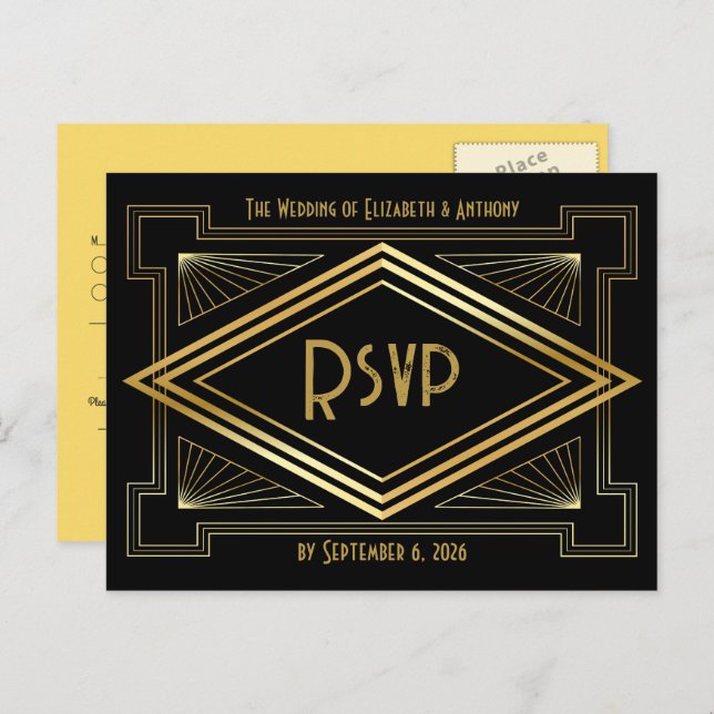 Black and Gold Art Deco Wedding RSVP QR Code Postcard (Front/Back)