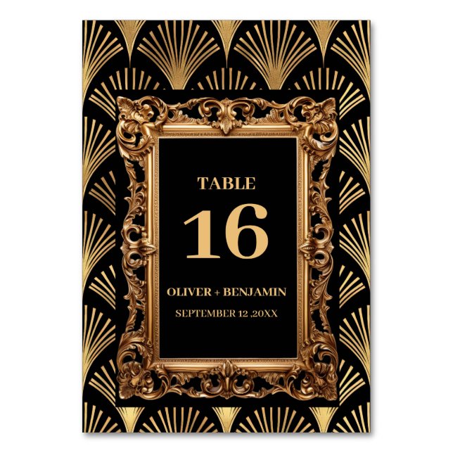 Black and Gold Art Deco Wedding Table Number (Front)