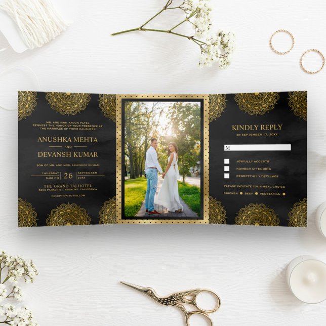 Black and Gold Asian Mandala Indian Wedding Tri-Fold Invitation (Creator Uploaded)