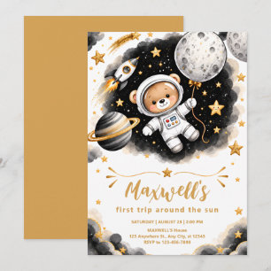 Black and Gold Astronaut 1st Birthday Invitation