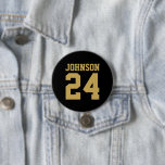 Black and Gold Athlete Name Jersey Number 7.5 Cm Round Badge<br><div class="desc">Cheer on your favourite sports team, football player or just show off your school pride with a custom personalised spirit button! Add your school name or personalise with a player's name and jersey number. Perfect for football, basketball, baseball and soccer games! Create custom pins for the whole team, cheerleaders, parents...</div>