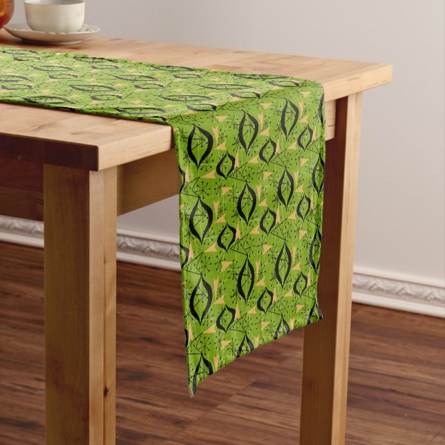 Black and Gold Atomic Pattern on Green | Fifties Short Table Runner (In Situ)