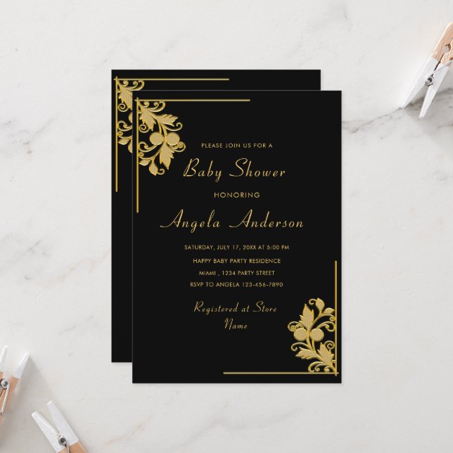 Black and Gold Baby Girl Shower Invitation (Front/Back In Situ)