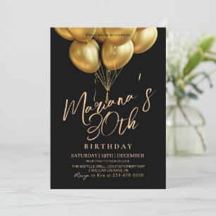 Black and Gold Balloon 30th Birthday Party Invitation