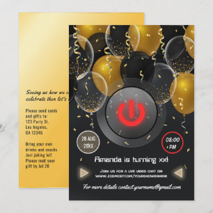 Black and Gold Balloon Virtual Birthday Party Invitation