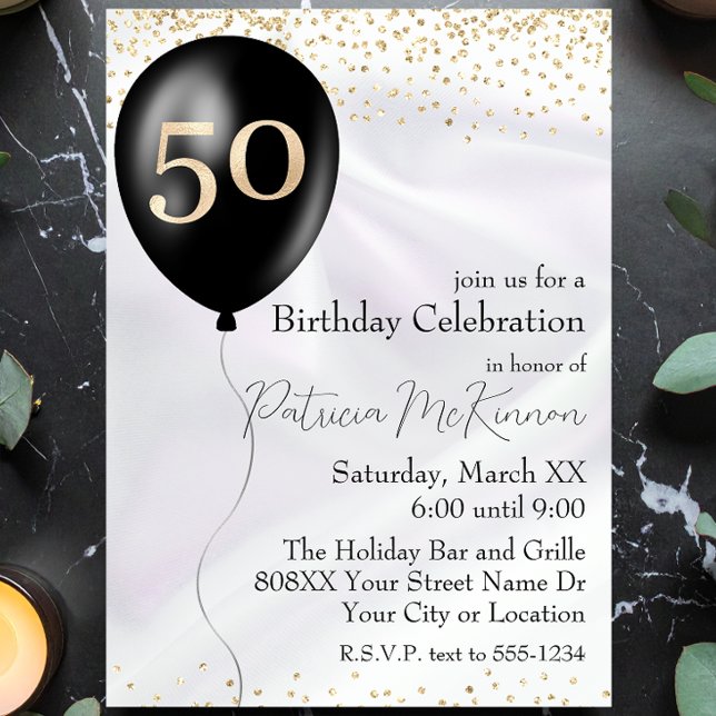 Black and Gold Balloon White Satin 50th Birthday Invitation (Creator Uploaded)