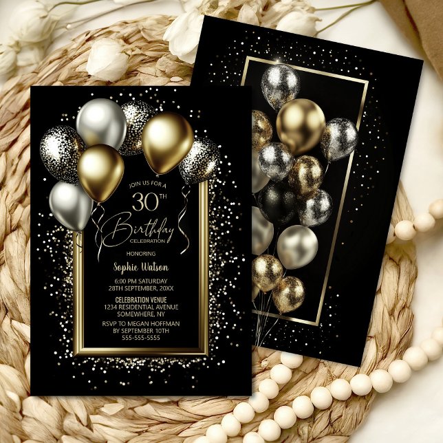 Black and Gold Balloons 30th Birthday Party Invitation (Creator Uploaded)
