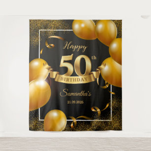 Black and gold balloons 50th birthday backdrop tapestry