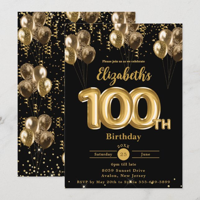 Black and Gold Balloons Confetti 100th Birthday  Invitation (Front/Back)