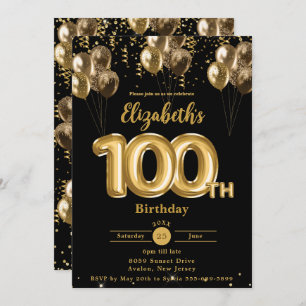 Black and Gold Balloons Confetti 100th Birthday  Invitation