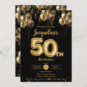 Black and Gold Balloons Confetti 50th Birthday Invitation