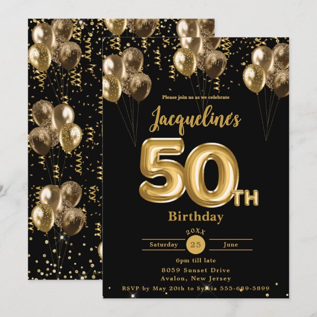 Black and Gold Balloons Confetti 50th Birthday  Invitation (Front/Back)