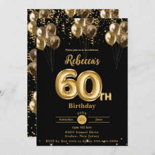 Black and Gold Balloons Confetti 60th Birthday  Invitation