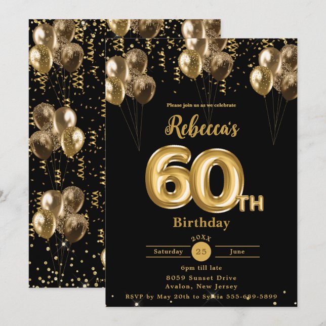 Black and Gold Balloons Confetti 60th Birthday  Invitation (Front/Back)