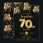 Black and Gold Balloons Confetti 70th Birthday  Invitation<br><div class="desc">Celebrate in style with this elegant 70th Birthday Invitation featuring gold balloon bouquets, gold confetti, and a sleek black background for a luxurious and festive look. Perfect for a milestone celebration, this customisable invitation is ideal for a sophisticated 70th birthday party. All text is fully editable to suit your event...</div>