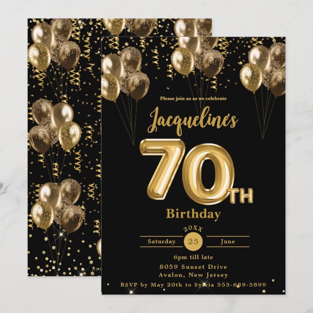 Black and Gold Balloons Confetti 70th Birthday  Invitation (Front/Back)