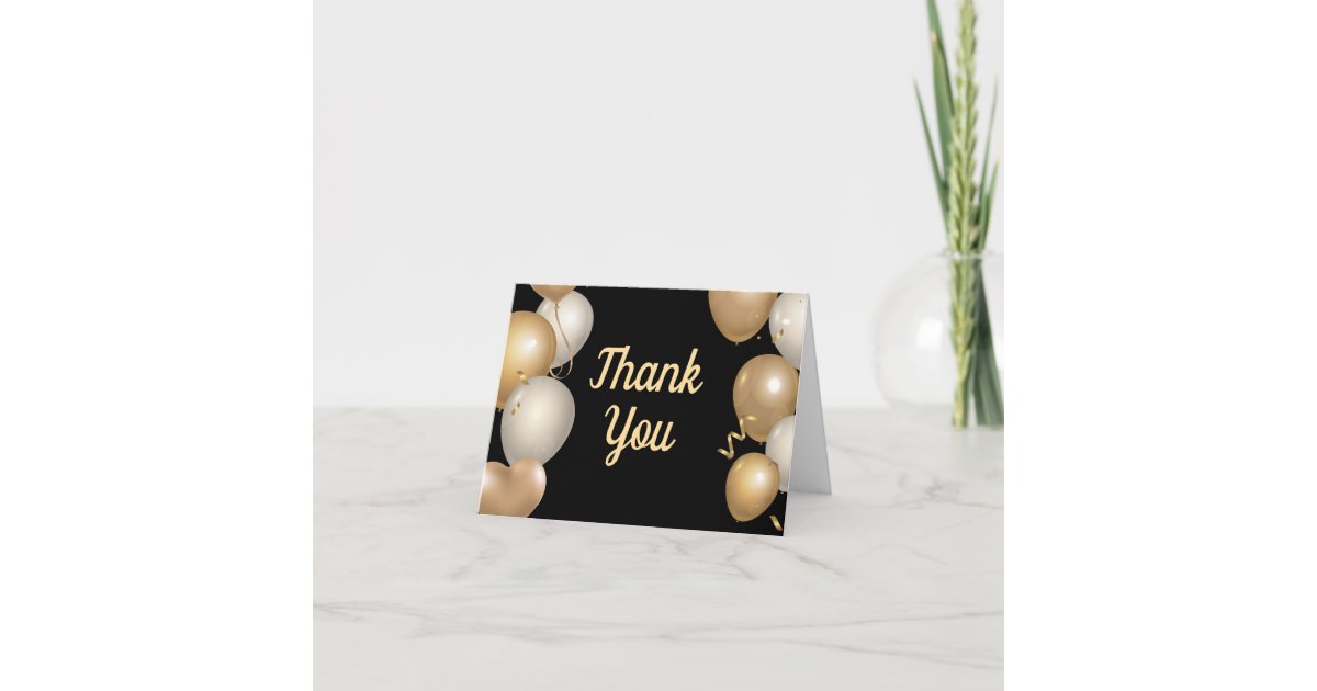 Black and Gold Balloons Confetti Thank You Card | Zazzle