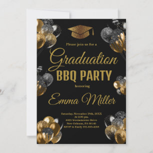 Black and Gold Balloons Graduation BBQ Party Invitation