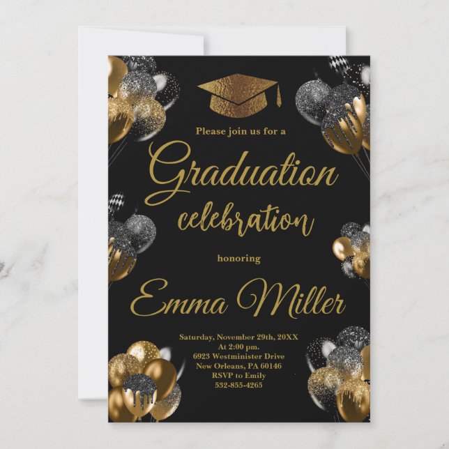 Black and Gold Balloons Graduation Party Invitation (Front)