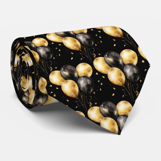 Black and Gold Balloons Neck Tie (Rolled)