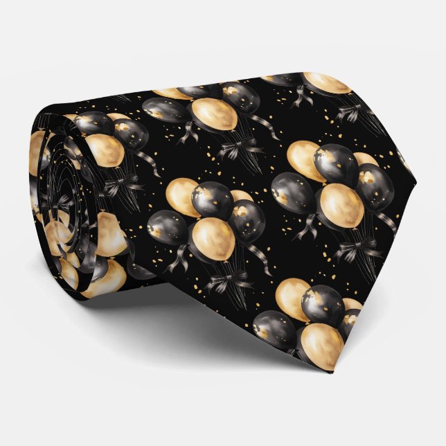 Black and Gold Balloons Neck Tie (Rolled)