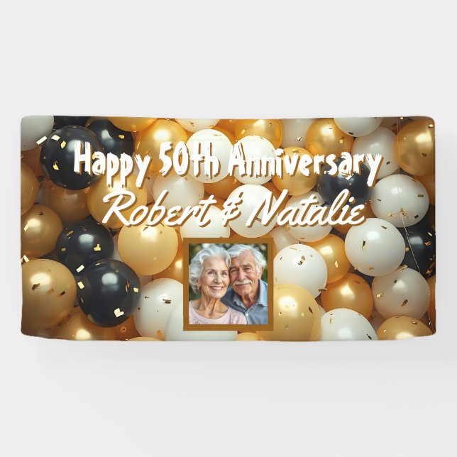 Black and Gold Balloons | Personalised Anniversary Banner (Horizontal)