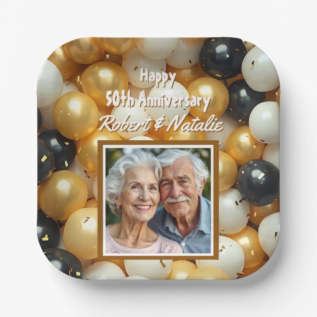 Black and Gold Balloons | Personalised Anniversary Paper Plate (Front)
