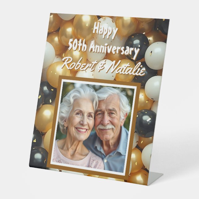Black and Gold Balloons | Personalised Anniversary Pedestal Sign (Front)