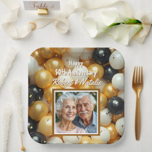 Black and Gold Balloons Personalized Anniversary Paper Plate