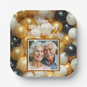 Black and Gold Balloons   Personalized Anniversary Paper Plate