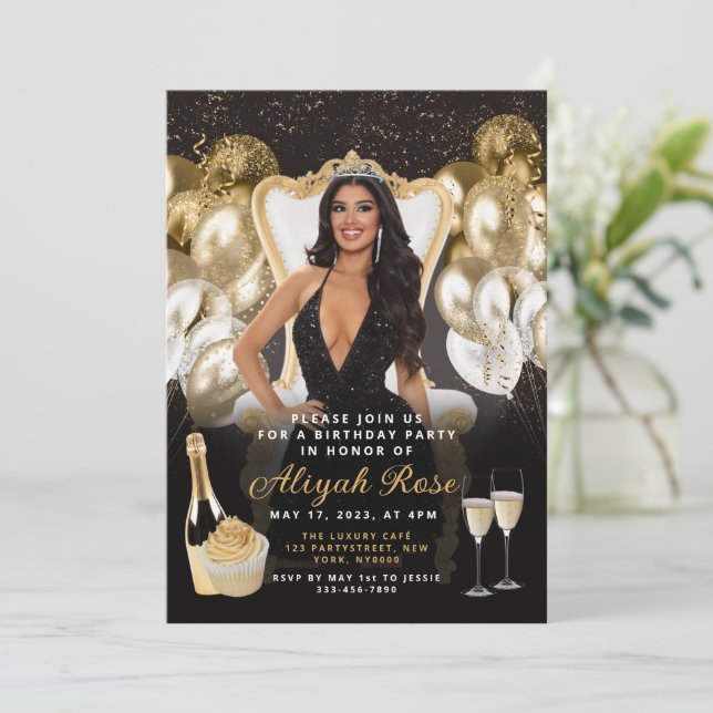Black and Gold Balloons Royal Birthday Invitation (Standing Front)