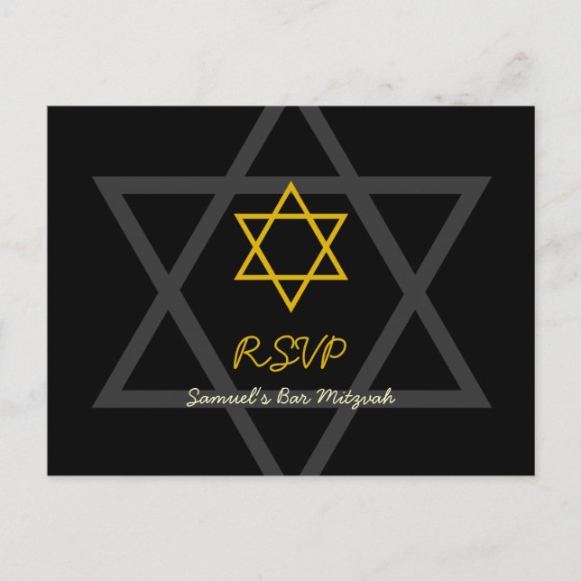 Black and Gold Bar Mitzvah RSVP Invitation Postcard (Front)