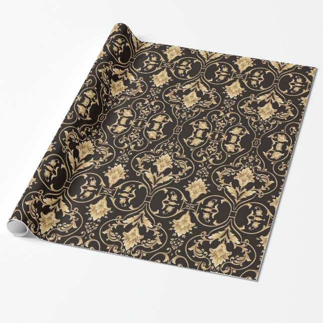 Black and Gold Baroque Wrapping Paper (Unrolled)