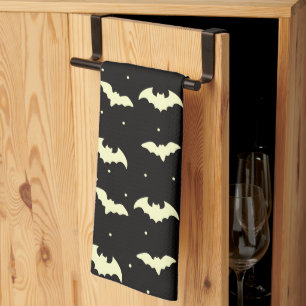 Black and Gold Bats Black Halloween Tea Towel