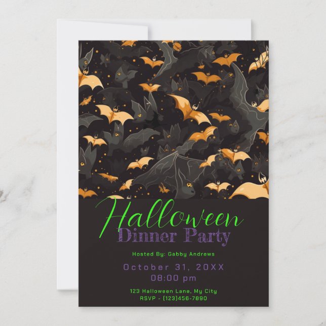 Black and Gold Bats Halloween Dinner Party Invitation (Front)