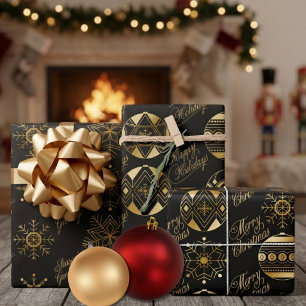 Black And Gold Baubles And Snowflakes Christmas Wrapping Paper Sheet