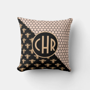 Black and Gold Bees and Pink Honeycomb Monogram Cushion
