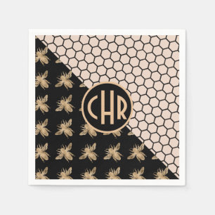 Black and Gold Bees and Pink Honeycomb Monogram Napkin