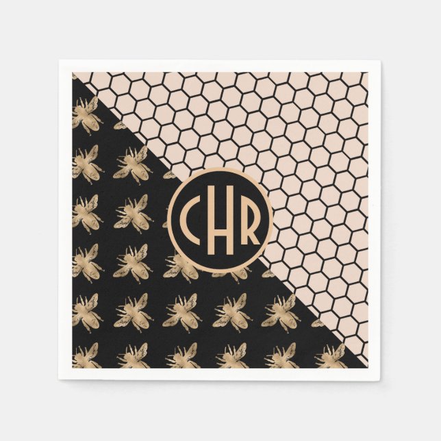 Black and Gold Bees and Pink Honeycomb Monogram Napkin (Front)