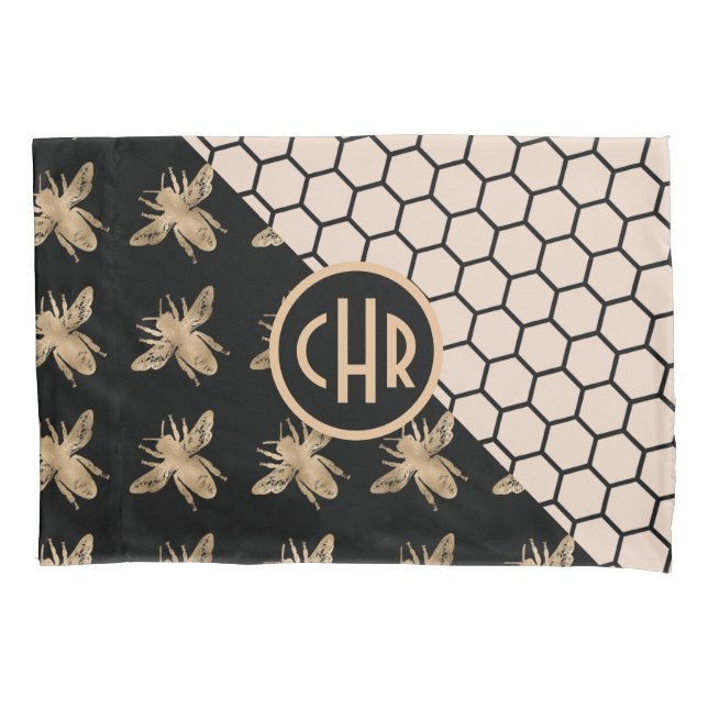 Black and Gold Bees and Pink Honeycomb Monogram Pillowcase (Front)