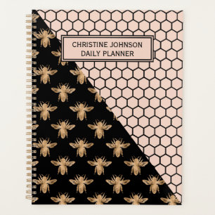 Black and Gold Bees and Pink Honeycomb Monogram Planner