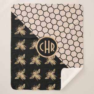 Black and Gold Bees and Pink Honeycomb Monogram Sherpa Blanket