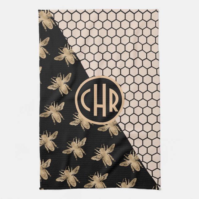 Black and Gold Bees and Pink Honeycomb Monogram Tea Towel (Vertical)