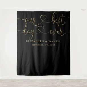 Black And Gold Best Day Ever Heart Script Wedding Tapestry