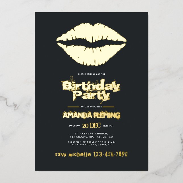 Black and Gold Birthday Foil Invitation (Front)